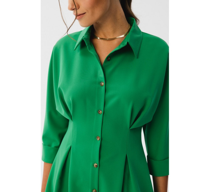 S351 Košilové šaty s knoflíky vpředu - zelené