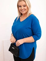 Dámská bavlněná blůza Plus Size s V výstřihem a ohrnutým rukávem chabrová