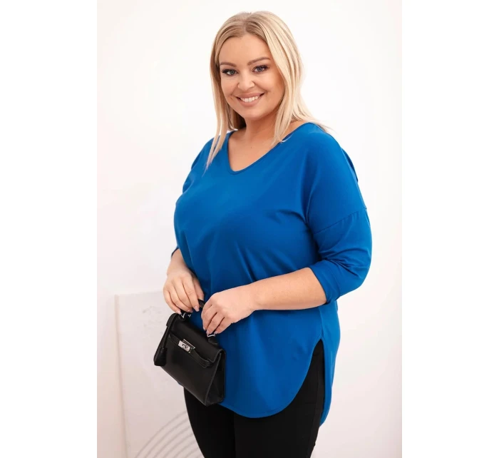 Dámská bavlněná blůza Plus Size s V výstřihem a ohrnutým rukávem chabrová