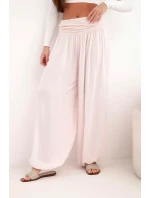 Dámské viskózové kalhoty s širokými nohavicemi a volánky béžový