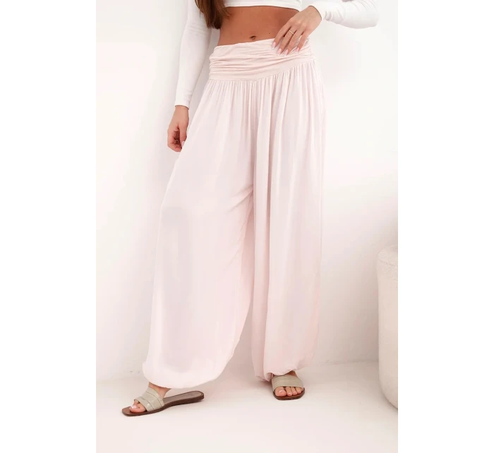 Dámské viskózové kalhoty se širokými nohavicemi a nařasením pudrově růžové