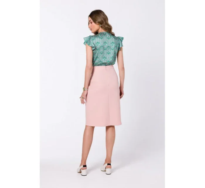 model 18360352 Sukně áčkového střihu se zavinovacími detaily pudrová - STYLOVE model 18360352 Sukně áčkového střihu se zavinovacími detaily pudrová - STYLOVE