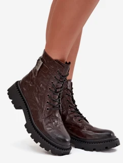 Dámské kožené botky Artiker – hnědé, s efektem mačkání a s přezkou