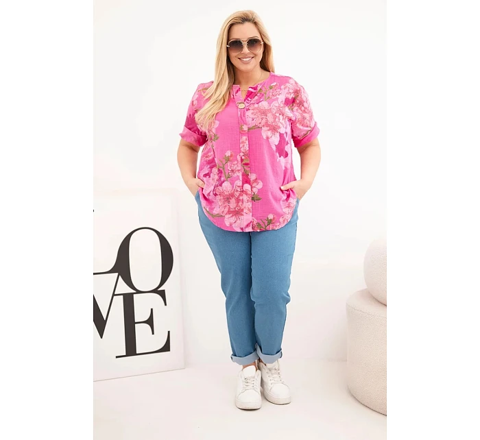 Dámská bavlněná halenka Plus Size s výstřihem do V v květinovém vzoru růžová
