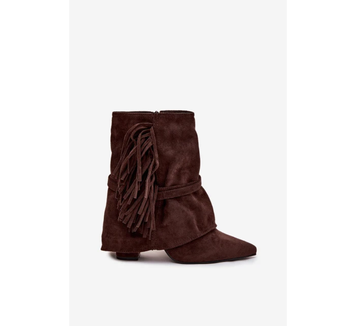 Dámské kotníkové boty na podpatku s třásněmi a zlatými přezkami čokoládové Evelisse Dámské kotníkové boty na podpatku s třásněmi a zlatými přezkami čokoládové Evelisse