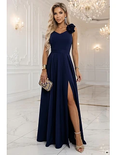 model 22043331 Elegantní večerní maxi šaty s rozparkem a růžemi tmavě modré - numoco