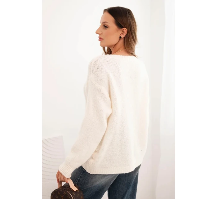 Dámský svetr s vlnou s dlouhým rukávem a kulatým výstřihem ecru