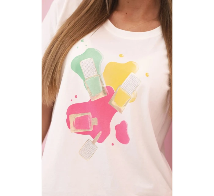 Dámská bavlněná blůza s krátkým rukávem a barevným potiskem ecru Dámská bavlněná blůza s krátkým rukávem a barevným potiskem ecru