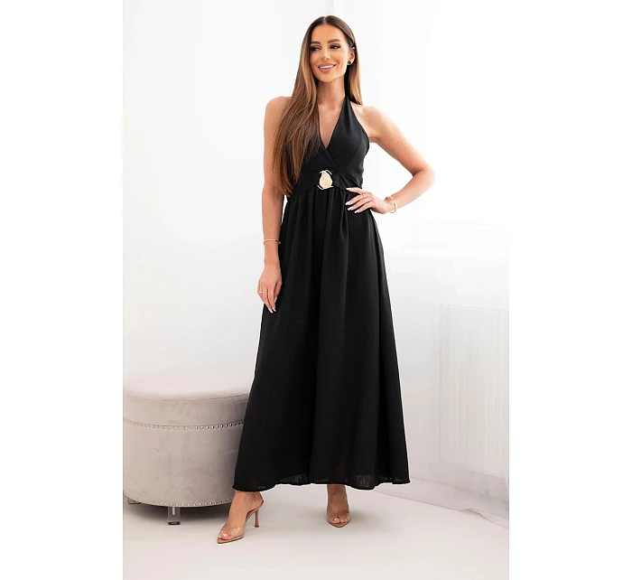 Dámské viskózové maxi šaty vázané na krku s ozdobnou sponou černá Dámské viskózové maxi šaty vázané na krku s ozdobnou sponou černá