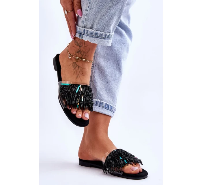 Dámské pantofle s módními ozdobami S.Barski Černá Dámské pantofle s módními ozdobami S.Barski Černá