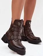 Kožené zateplené dámské boty s přezkami a ozdobným detailem Zazoo 60482 čokoládové