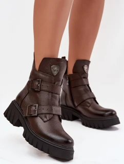 Kožené zateplené dámské boty s přezkami a ozdobným detailem model 21707567 čokoládové - Zazoo
