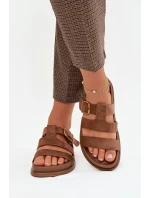 Dámské pantofle s pásky a zlatým sponou, hnědé Ulirissa Dámské pantofle s pásky a zlatým sponou, hnědé Ulirissa