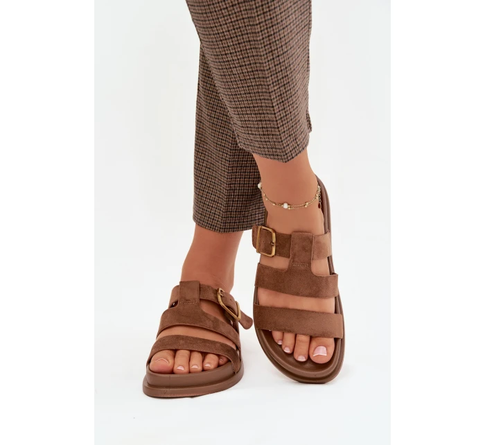 Dámské pantofle s pásky a zlatým sponou, hnědé Ulirissa Dámské pantofle s pásky a zlatým sponou, hnědé Ulirissa