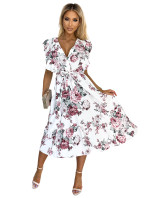 Midi šaty s volánkem, výstřihem a zavazováním Numoco GABRIELLA - bílé s květy