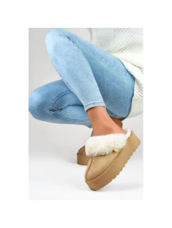 Dámské pantofle na platformě s kožešinou béžové 81366-4-KH