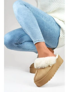 Dámské pantofle na platformě s kožešinou béžové 81366-4-KH