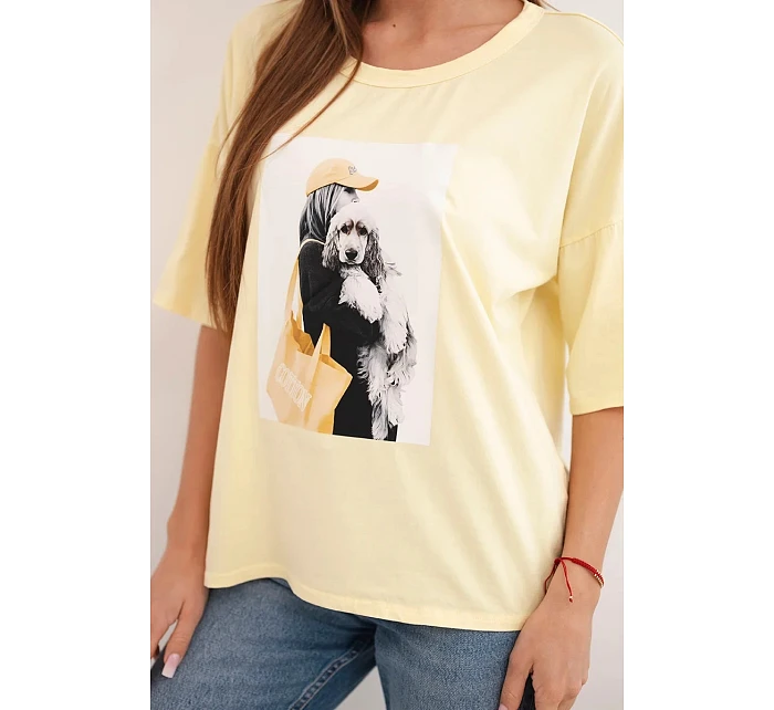 Dámská bavlněná oversize halenka s krátkým rukávem a módním potiskem žlutá