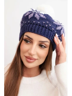 Dámská zimní čepice vlněná s motivem sněhových vloček a bambulí K457 tmavě fialová