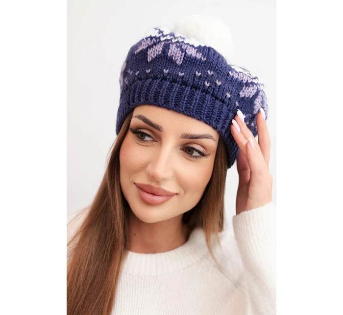 Dámská zimní čepice vlněná s motivem sněhových vloček a bambulí K457 tmavě fialová