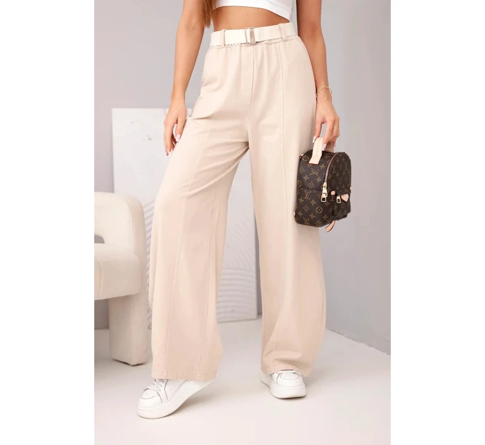 Dámské bavlněné kalhoty se širokou nohavicí a páskem béžové Dámské bavlněné kalhoty se širokou nohavicí a páskem béžové