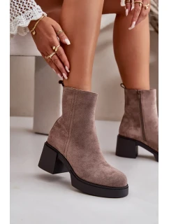 Eko Semišové Dámské Kotníkové Boty Na Podpatku Zateplené Tmavě Béžové model 20508029 - Kesi