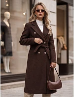 Dlouhý dámský dvouřadý kabát s páskem v čokoládové barvě FashionStreet NY0816 Dlouhý dámský dvouřadý kabát s páskem v čokoládové barvě FashionStreet NY0816