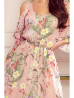 MARINA - Vzdušné dámské šifónové šaty v růžové barvě s květinovým vzorem a dekoltem 292-1