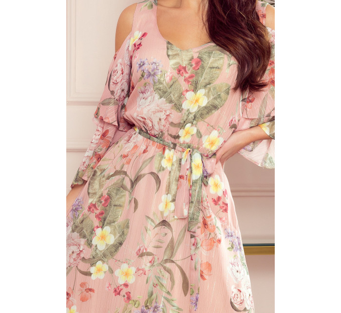MARINA - Vzdušné dámské šifónové šaty v růžové barvě s květinovým vzorem a dekoltem 292-1