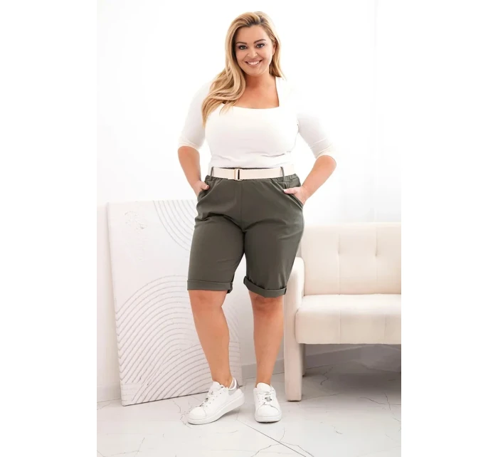 Dámské bavlněné šortky Plus Size s páskem khaki Dámské bavlněné šortky Plus Size s páskem khaki