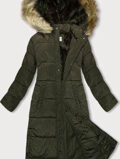 Dlouhá dámská zimní bunda v khaki barvě (V725)