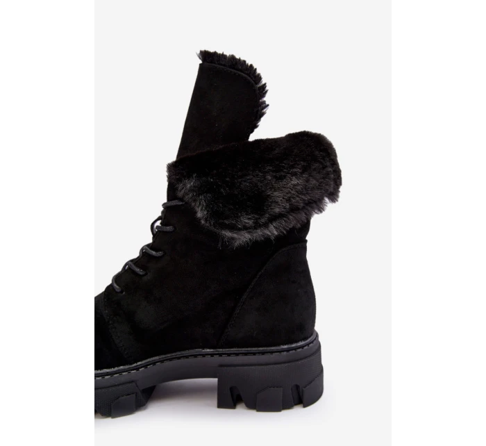 Kožené Šněrovací Boty Workery S Kožešinou Černé Frendo Kožené Šněrovací Boty Workery S Kožešinou Černé Frendo