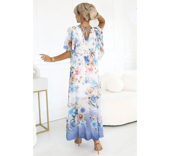 model 21178444 Vzdušné maxi šaty s obálkovým výstřihem a květinovým vzorem BLUE ROSE - numoco basic