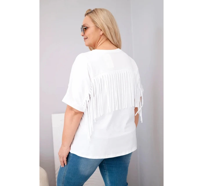 Dámská bavlněná halenka s výstřihem do V a třásněmi na zádech bílá