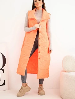 Dámská prošívaná dlouhá vesta s kapsami a stojáčkem neonová oranžová