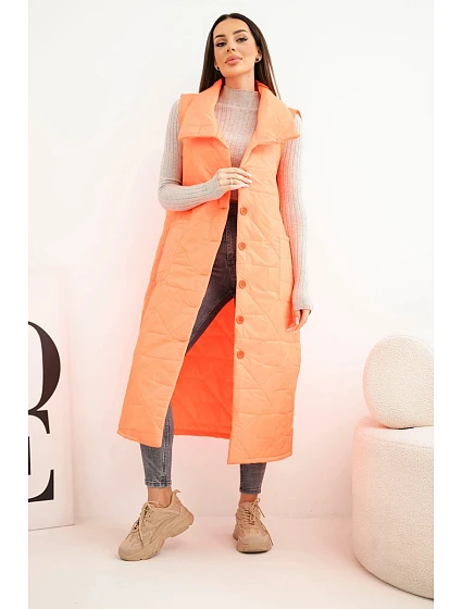 Dámská prošívaná dlouhá vesta s kapsami a stojáčkem neonová oranžová