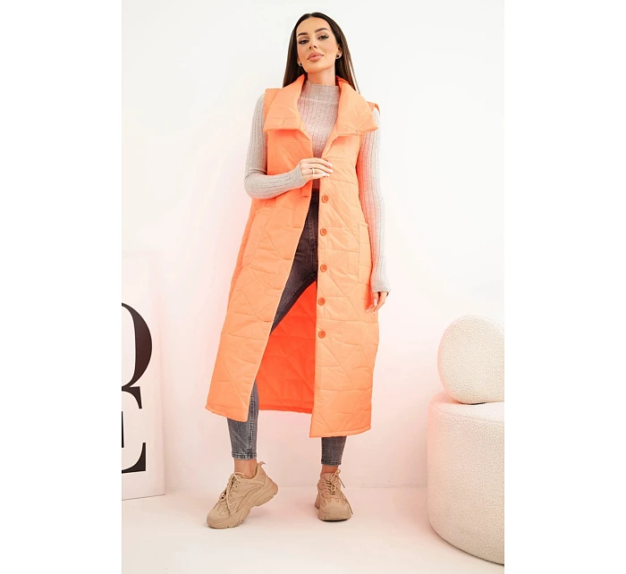 Dámská prošívaná dlouhá vesta s kapsami a stojáčkem neonová oranžová