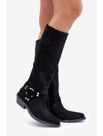 Semišové Kozačky Kovbojky Na Nízkém Podpatku S Dekorací model 21680168 Černé - Zazoo