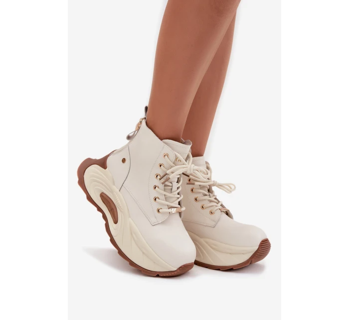 Dámské kožené boty GOE – světle béžové, zateplené, na platformě Dámské kožené boty GOE – světle béžové, zateplené, na platformě