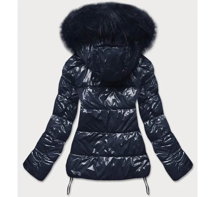 Tmavě modrá lakovaná dámská prošívaná bunda (7693)