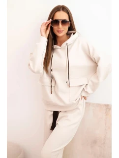 Komplet dámský máslový mikina s kapucí a kalhoty s páskem béžový