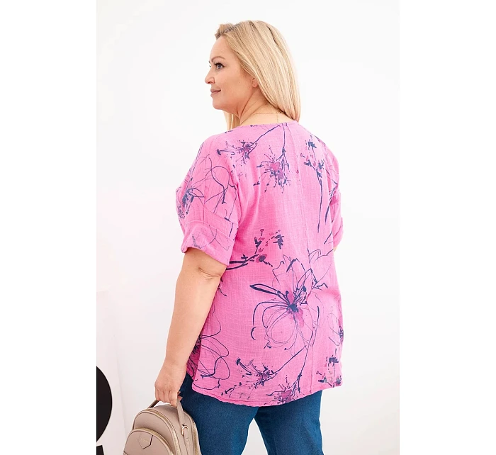 Dámská bavlněná halenka Plus Size s krátkým rukávem a kapsou růžová