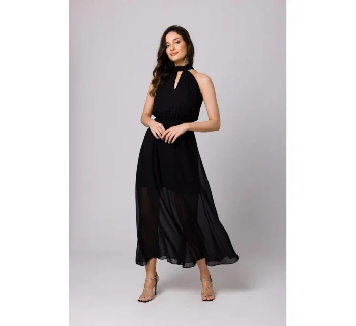 K169 Šifonové šaty se zavazováním za krkem - černé K169 Šifonové šaty se zavazováním za krkem - černé