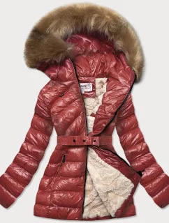 Lesklá zimní bunda ve vínové bordó barvě s mechovitou kožešinovou podšívkou (w674)