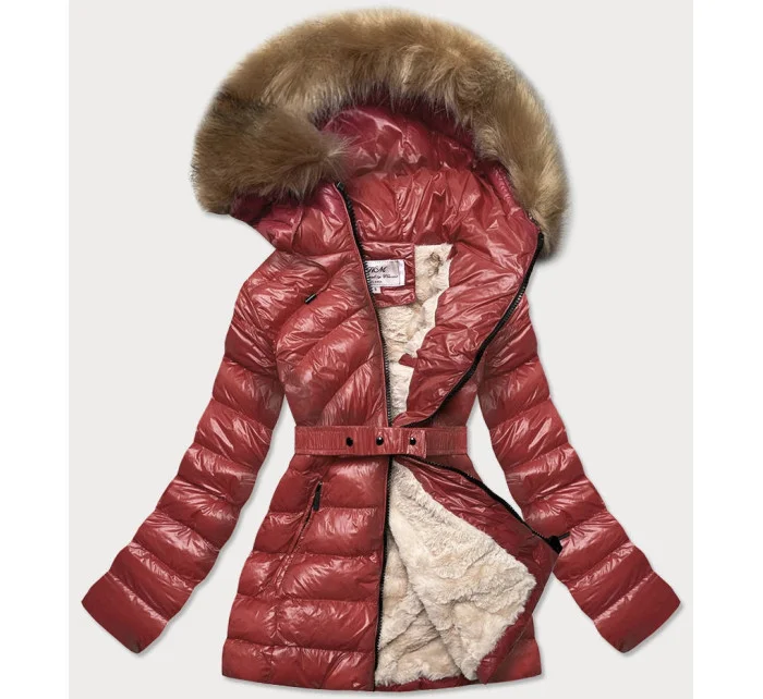 Lesklá zimní bunda ve vínové bordó barvě s mechovitou kožešinovou podšívkou (w674)