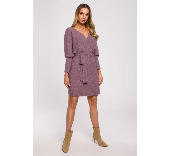 M631 Zavinovací svetrové šaty s vázáním - vřesové