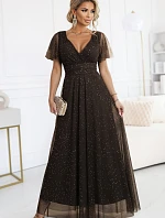 635-4 MELANIA dlouhé lesklé šaty s výstřihem a krátkými rukávy - čokoládové