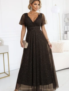 635-4 MELANIA dlouhé lesklé šaty s výstřihem a krátkými rukávy - čokoládové