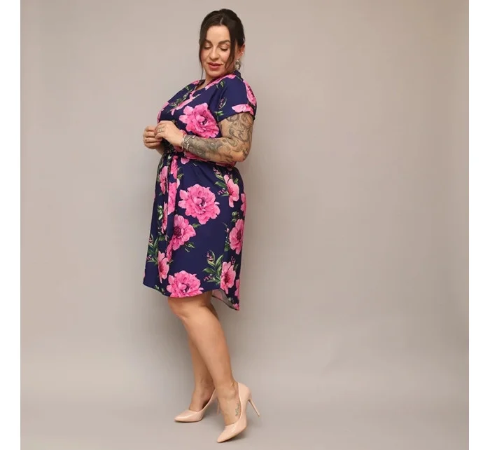 Tmavě modré dámské květované šaty s páskem (744)
