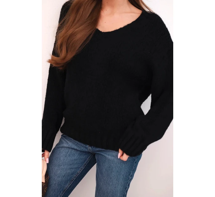 Dámský svetr s příměsí vlny s výstřihem do V černý Dámský svetr s příměsí vlny s výstřihem do V černý